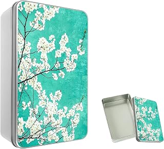 Large Keepsake Treasure Box, White Cherry 7.1"x4.3"x2.2" Decorative Metal Memory Tin for 5x7 Photos, Postcards & Letters, Large Craft & Sewing Kit Organizer