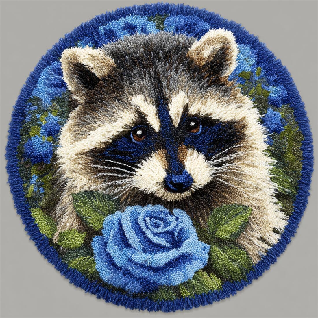 Rqwybcaxn G Diy Ru Latch Hook Kits For Beginners Animal Cross Stitch Kit Raccoon And Rose 60X60cm Round Washable Area Ru Bedroom Wall Hangin