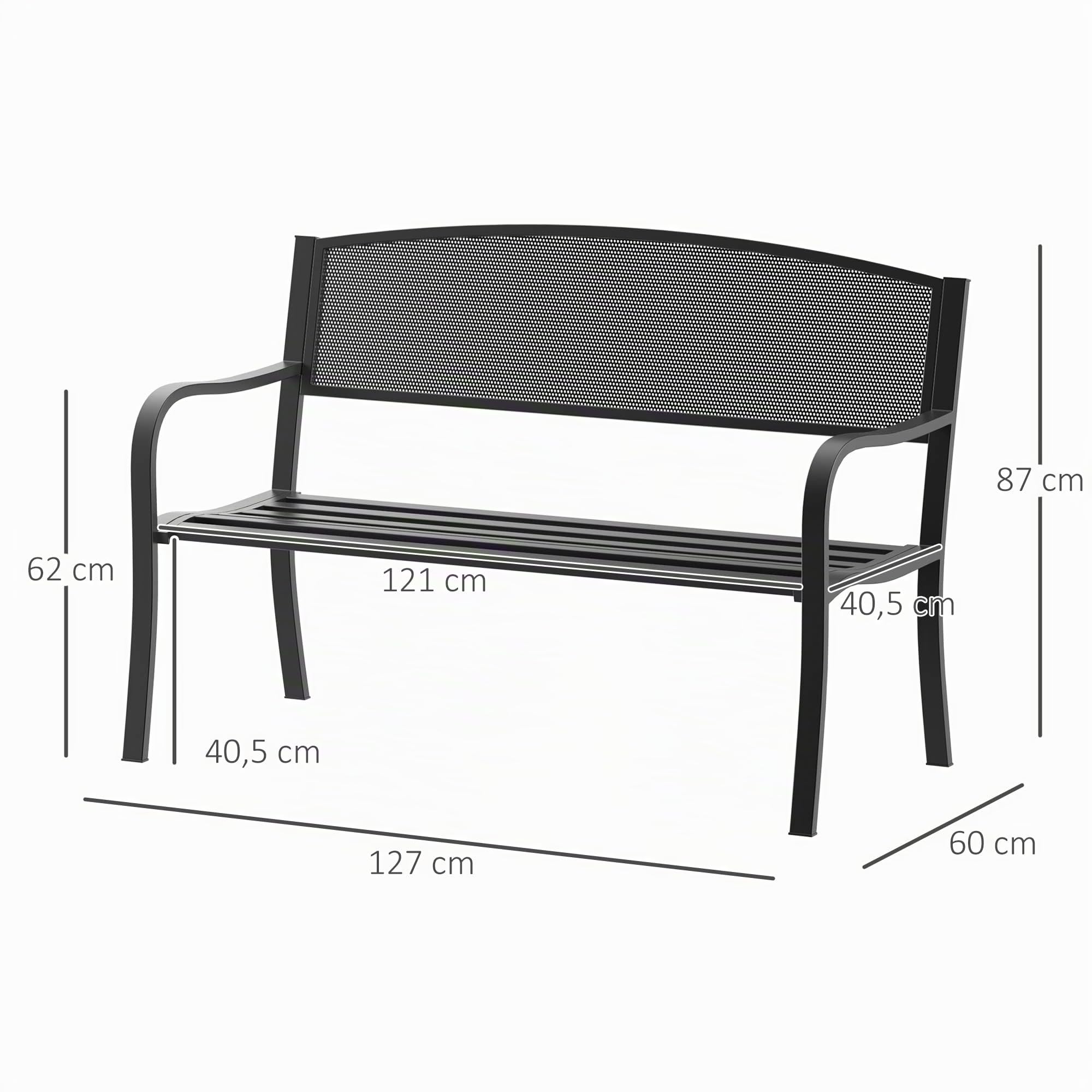 Outsunny Banco de Jardín de 2 Plazas Banco Exterior 127x60x87 cm Negro | Respaldo de Malla de Acero, Carga 240 kg, para Patio Terraza Balcón