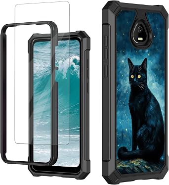 for Schok Volt Phone Case SV67Q SV67332 with Tempered Glass Screen Protector Dual Layer Soft TPU Hard PC Bumper Full Body Heavy Duty Shockproof Protective Cover for Women Men,Black Cat Galaxy