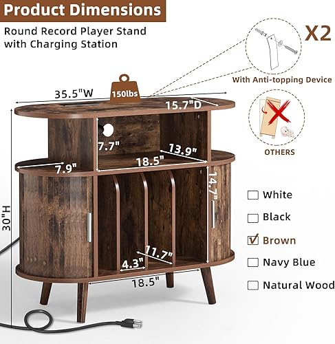 Miniatura 2 de LELELINKY Soporte redondo grande para tocadiscos con estación de carga y panel estriado, gabinete giratorio moderno de mediados de siglo marrón con