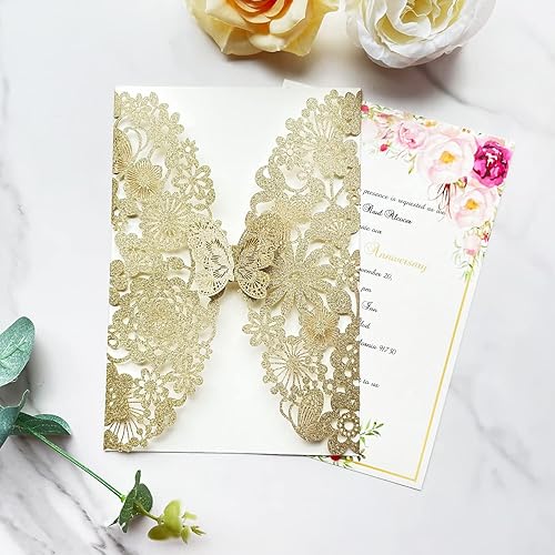 Miniatura 7 de Hosmsua 20 tarjetas de invitación de boda de champán con sobres de 5.12 x 7.3 pulgadas, cortadas con láser, mariposa, encaje, invitación para boda,