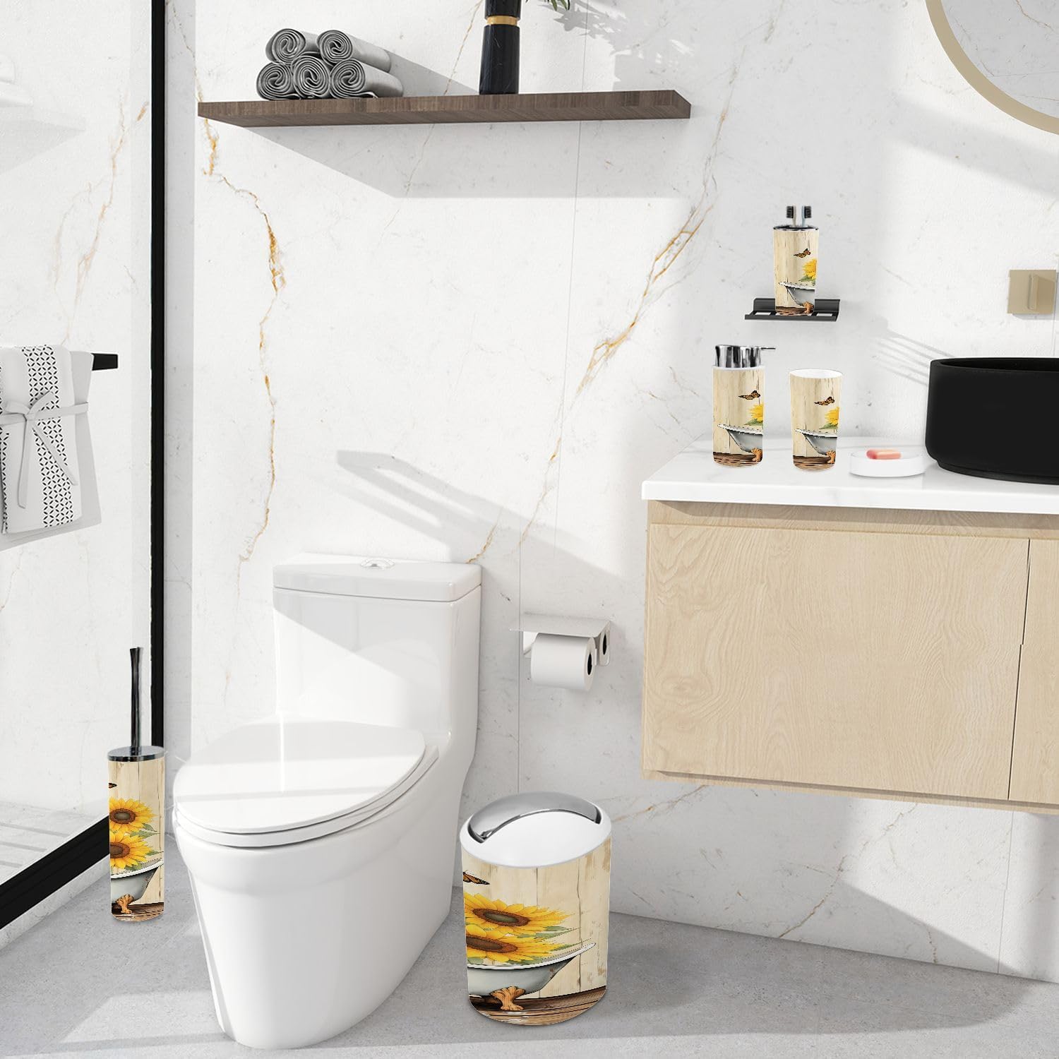 Bathroom Accessory Set 6 Piece Sunflower Yellow Bathroom Decor Flower Bathtub Butterfly Trash can, Toothbrush Holder, Soap Dispenser, Soap Dish, Toothbrush Cup, Toilet Brush Holder