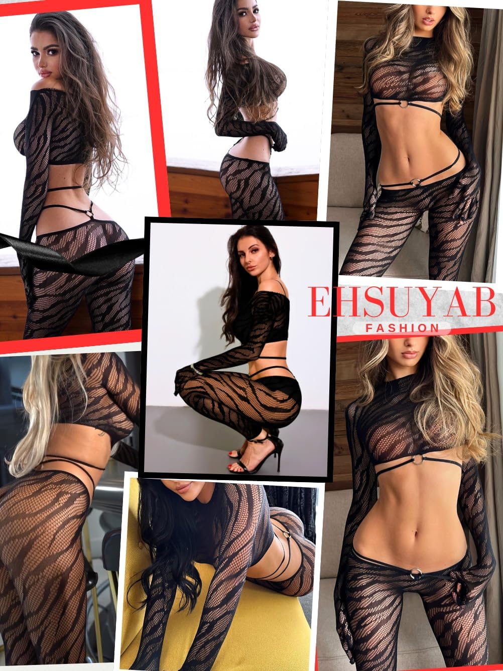 EHSUYAB Women 2 Piece Sexy Fishnet Bodysuit,Lace Zebra Print Long Sleeve Mesh Jumpsuit,Sheer Body Stockings Party Rave Outfit