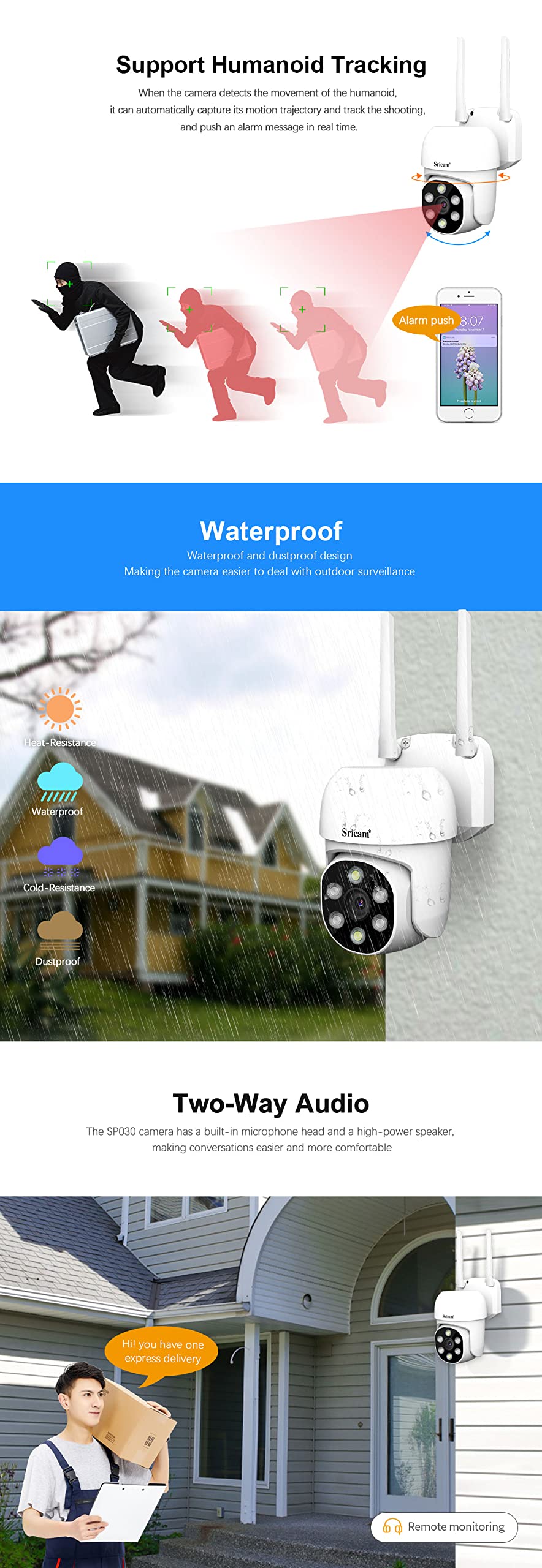 Sricam 1080P 4G WiFi Monitoraggio PTZ telecamera IP rilevamento umanoide e monitoraggio del movimento Visione Notturna IP66 impermeabile all'acqua (2 Unità Package