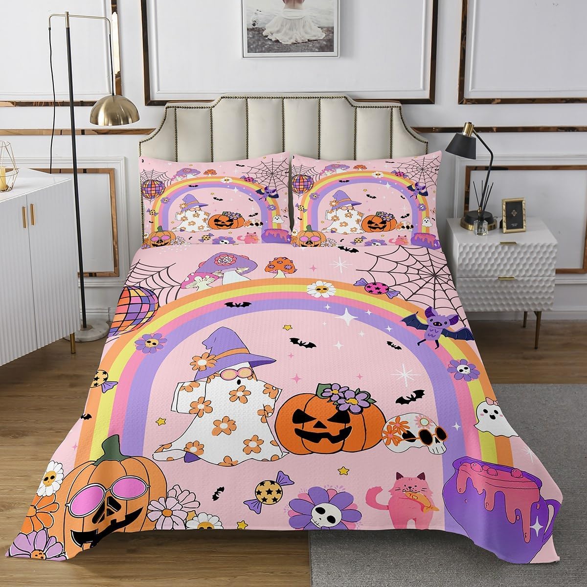 jejeloiu Happy Halloween Bedspread Cute Ghost Bedspread for Kids Boys Girls Pumpkin Lantern Coverlet Set Hippie Flower Quilted Bedroom Collection 2Pcs Twin Size
