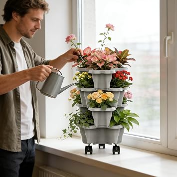 Strawberry Tower Stackable Planter, Vertical Garden Plant Pot For Growing Strawberries, Herbs And Vegetables, Tiered Balcony Patio Gardening Container - Home Stackable Gardening Planter