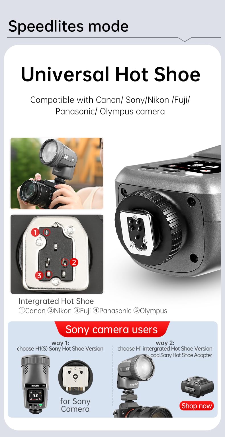 JINBEI H1S Flash 2 en 1 pour appareil photo LED GN28 HSS/TTL 1/8000S Tête ronde Speedlight pour appareils photo Sony