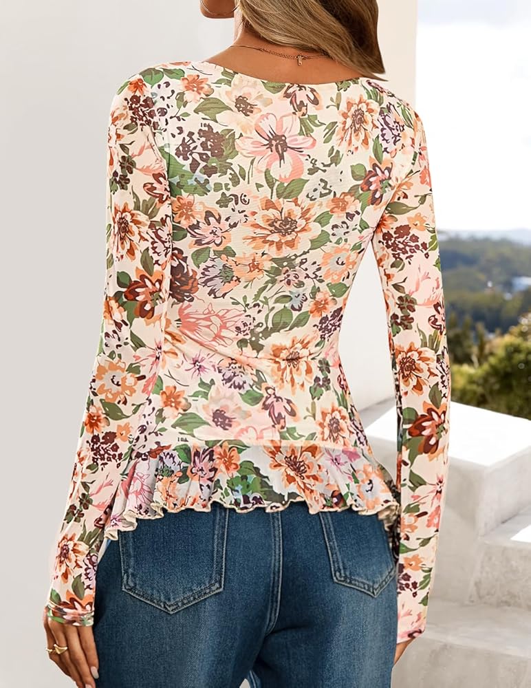 ZESICA Women's Long Sleeve Floral Shirts V Neck Going Out Ruffle