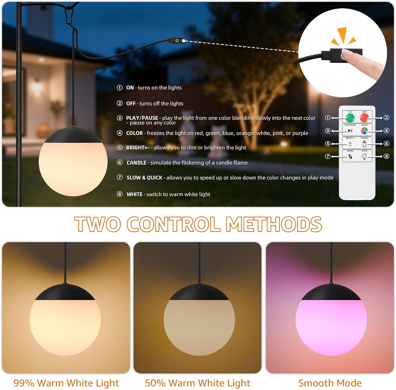 FUYO Rechargeable LED Camping Lantern, 2-Pack Garden Decor Lights Waterproof Outdoor Lanterns w/ Remote & 8 Colors, Hanging Ball Lights for Backyard Fence Pathway Porch Christmas Decorative