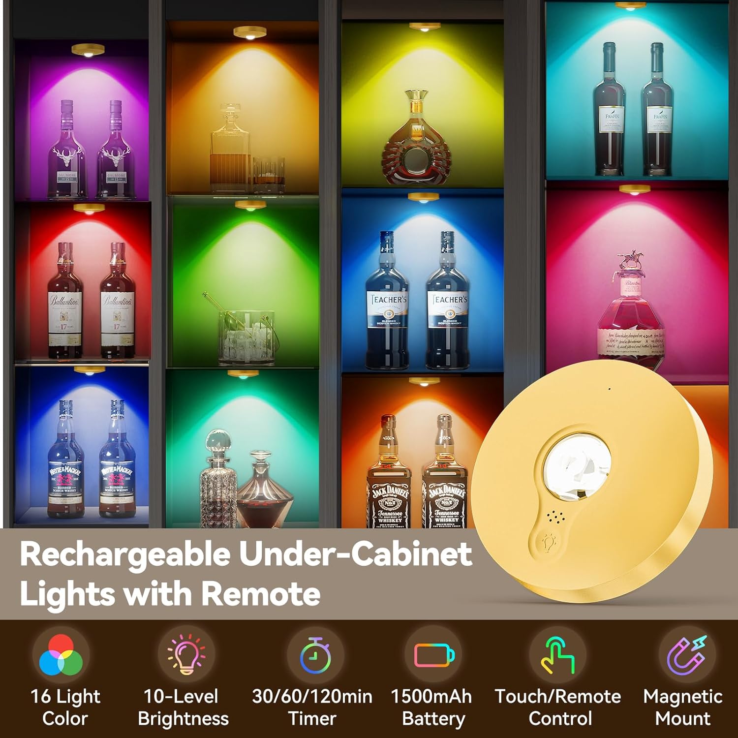 Rechargeable Puck Lights with Remote, 6 Pack Magnetic Under Cabinet Lighting, 1500mAh Battery Operated LED Tap Lights with Dimmer & Timmer for Kitchen, Closet, Shelf - 3 Color Temps & 12 RGB, Gold