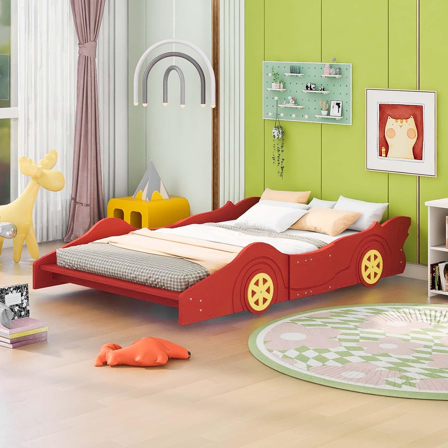 Full Size Race Car-Shaped Platform Bed with Wheels, Wood Floor Platform Bed Frame with Support Slats for Kids Boys Girls Teens, No Box Spring Needed (Red, Full)