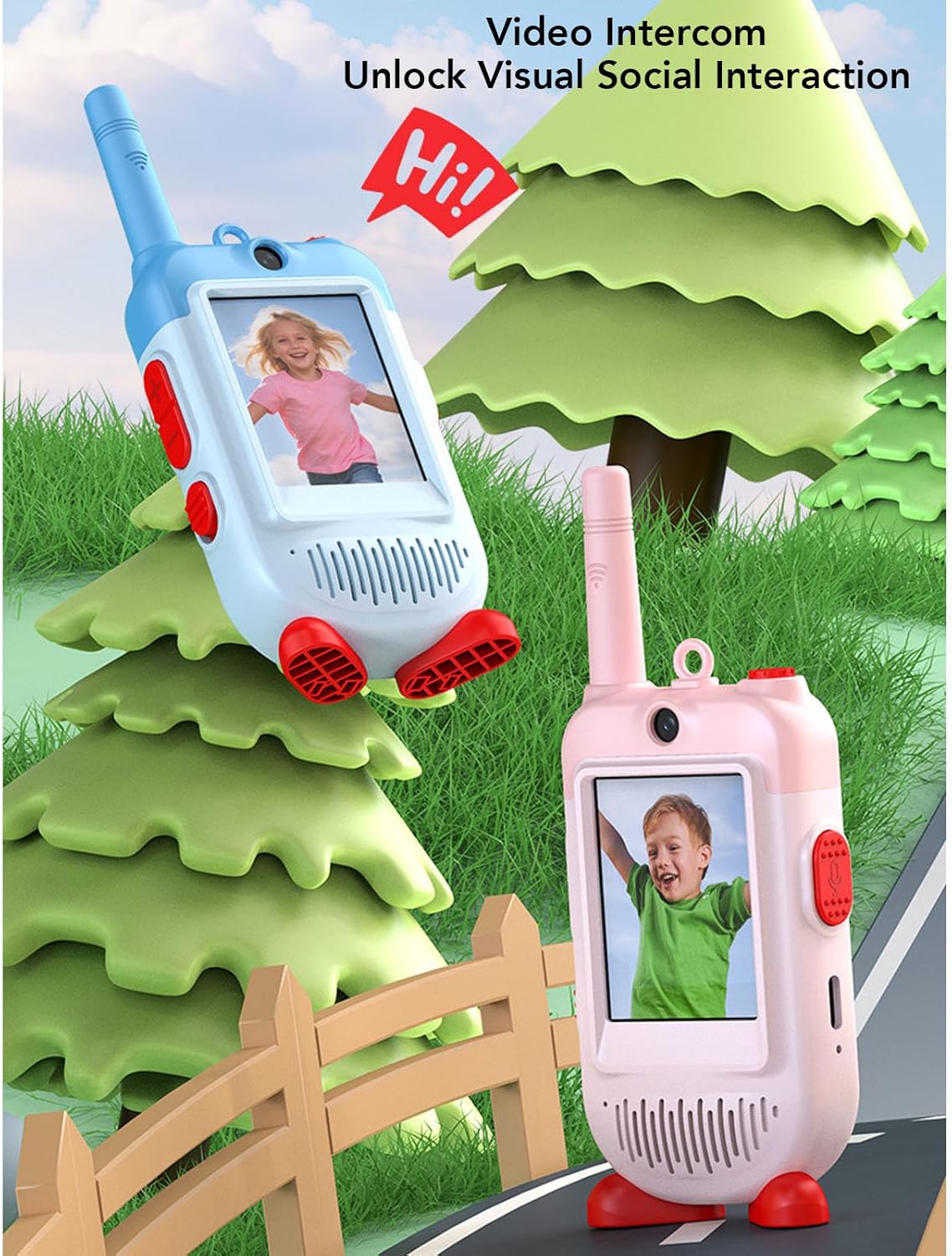 fosa Kids Video Walkie Talkie with Camera, 2 Way Video Intercom Toy with 2" Screen, Real Time Face to Face Call & 1500ft, Rechargeable, for Kids (Blue &)
