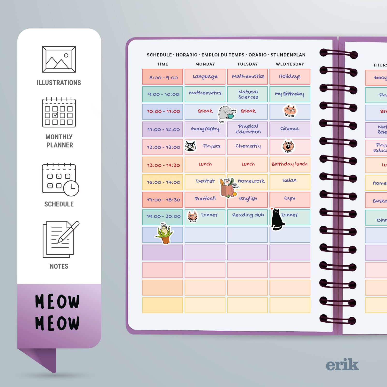 Agenda Semainier 2022/2023 Meow Meow A5 - Avec Chats, Août 2022 à Juillet 2023, Spirale, Bande élastique, 176 Pages