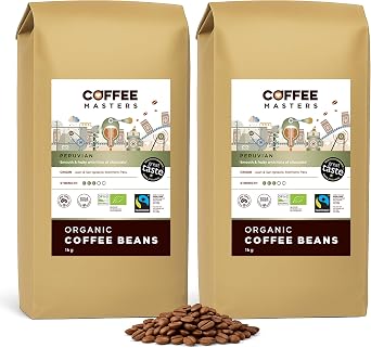 Coffee Masters Peruvian Coffee Beans 2kg 2x1kg - Organic, Fairtrade, Single Origin, Arabica Bean, Roasted in the UK - Ideal for Espresso Machines - Great Taste Award Winner