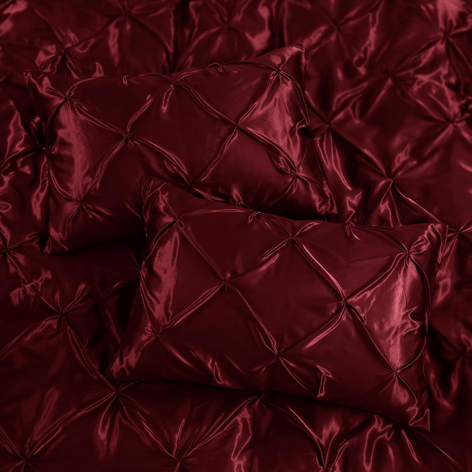 P Pothuiny 5 Pieces Satin Pintuck Duvet Cover Set, Silky Like Burgundy Pinch Pleat Duvet Cover Full/Queen Size Luxury Bedding Set with Corner Ties, 2 Pillow Shams + 2 Pillowcases (No Comforter)