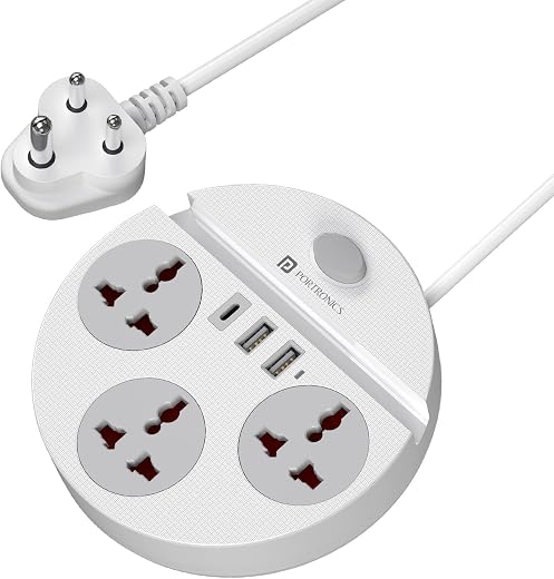 Portronics Power Plate 5 Pro, 6-in-1 Power Extension Board with 3 Universal Sockets, 2 USB-A &amp; 1 Type-C Port, 1500W Outpu...