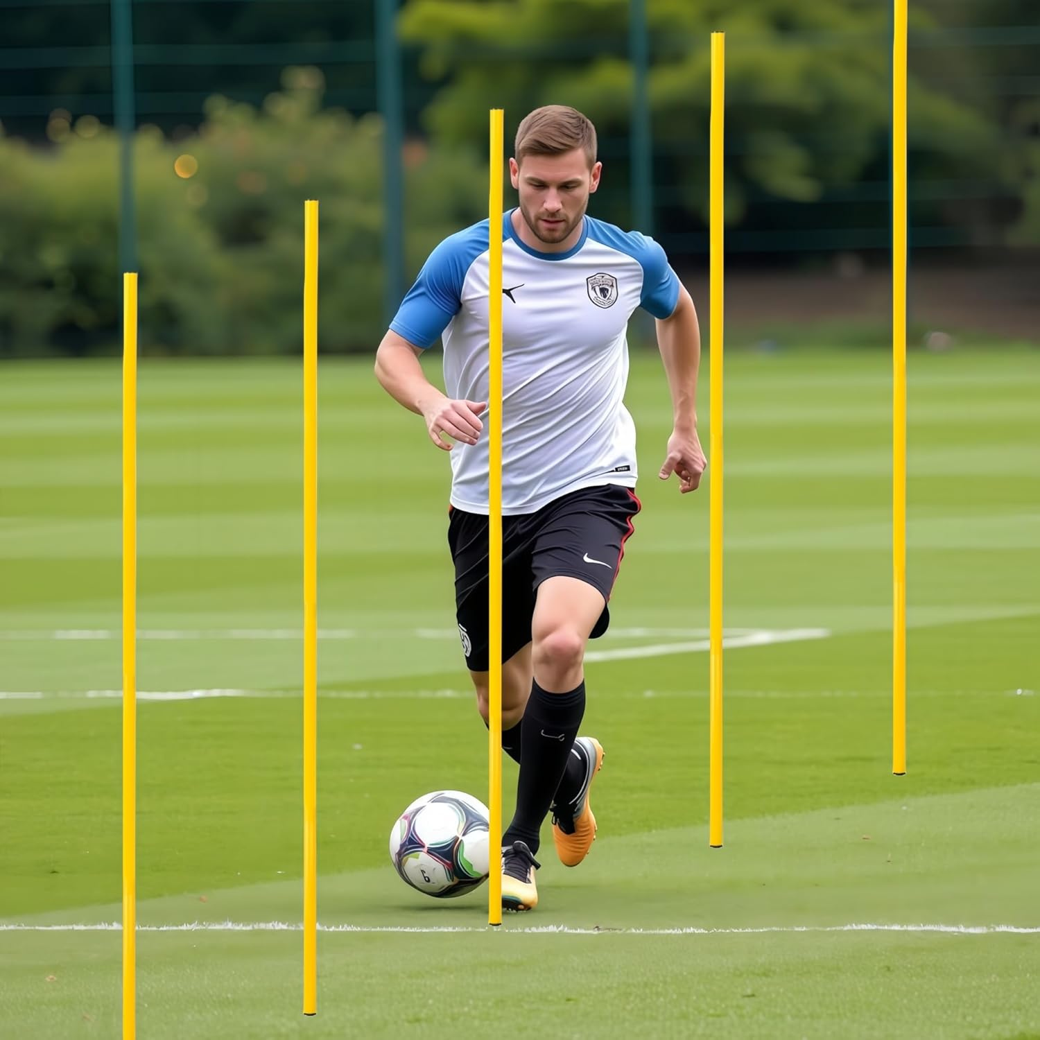 6 Pcs Soccer Agility Poles for Training, 5 FT Adjustable Speed and Agility Training Equipment for Football/Basketball/Horse/Dog Practice, Soccer Sticks with Steel Ground Nails Outdoors