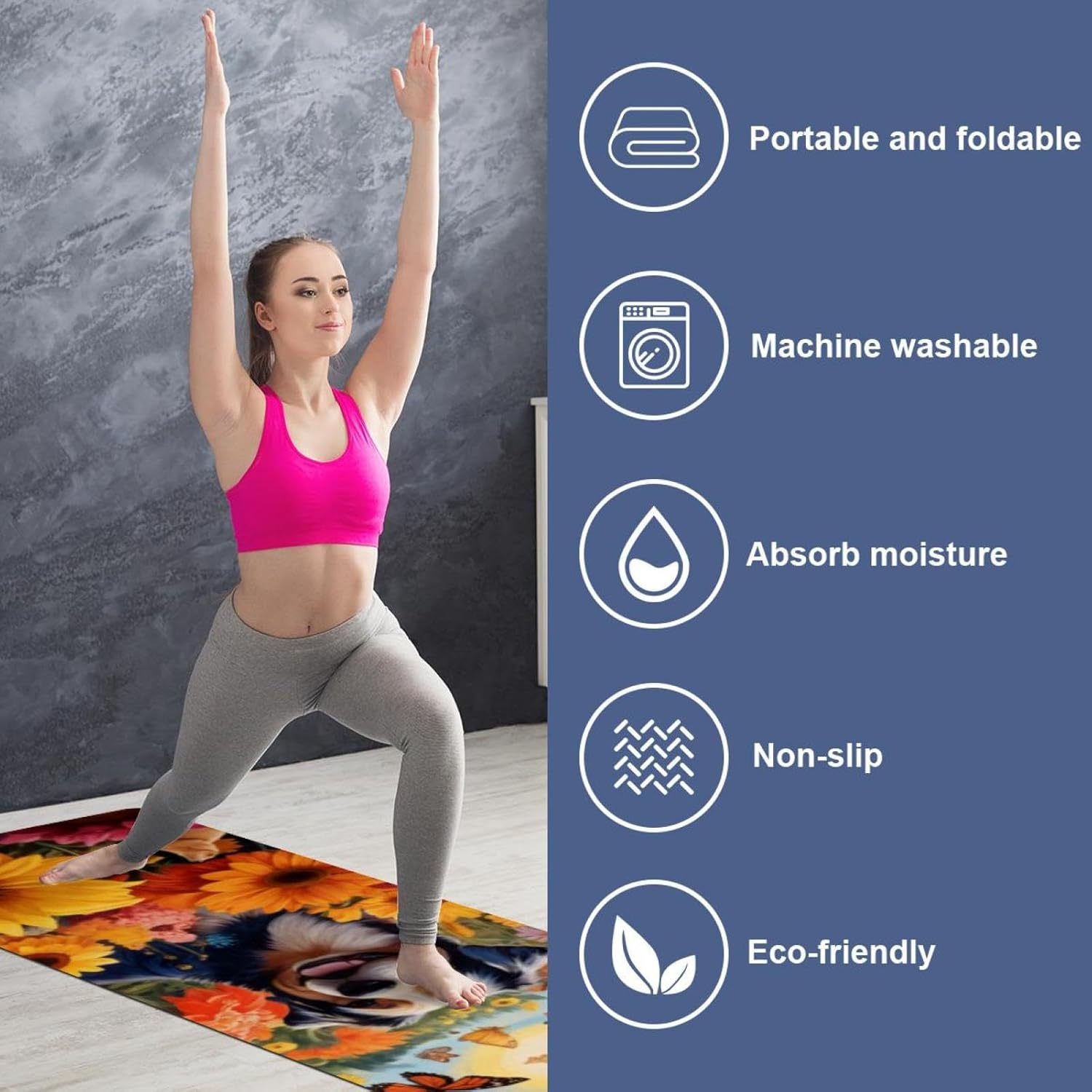 Yoga Towel, Spring Sunflower Butterflies Dog Non Slip Sweat Absorbent Hot Yoga Mat Towel for Hot Yoga, Pilates and Fitness - 72.8" x 26.8"