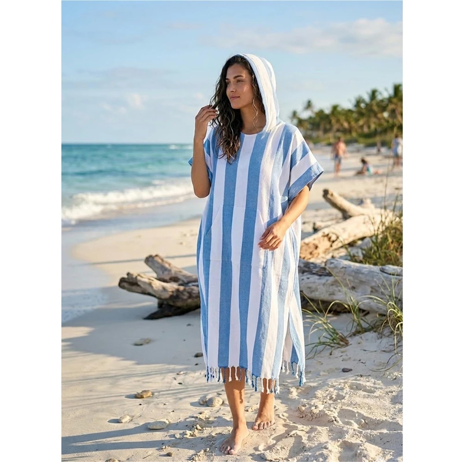 Poncho de Surf à Séchage Rapide Serviette de Plage rayée Portable, résistante au Sable et à séchage Rapide, Peignoir Poncho Surf en Coton, Robe Langer Capuche(Blue)