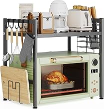 Warmiehomy 2 Tier Expandable Microwave Shelf Stand, 39-62 cm Adjustable Width, Metal Over Microwave Shelf Unit with Chopping Board & Cutlery Holder, 5 Hooks, Black