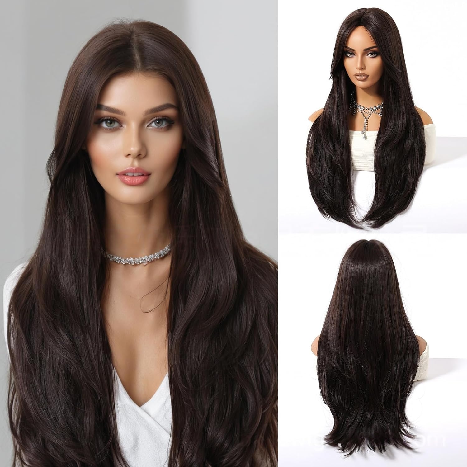 Middle Part Natural Long Straight Human Hair Wigs With Layered Wavy Ends Glueless Lace Front For Women Daily Use Party Wedding (Black,26inch)