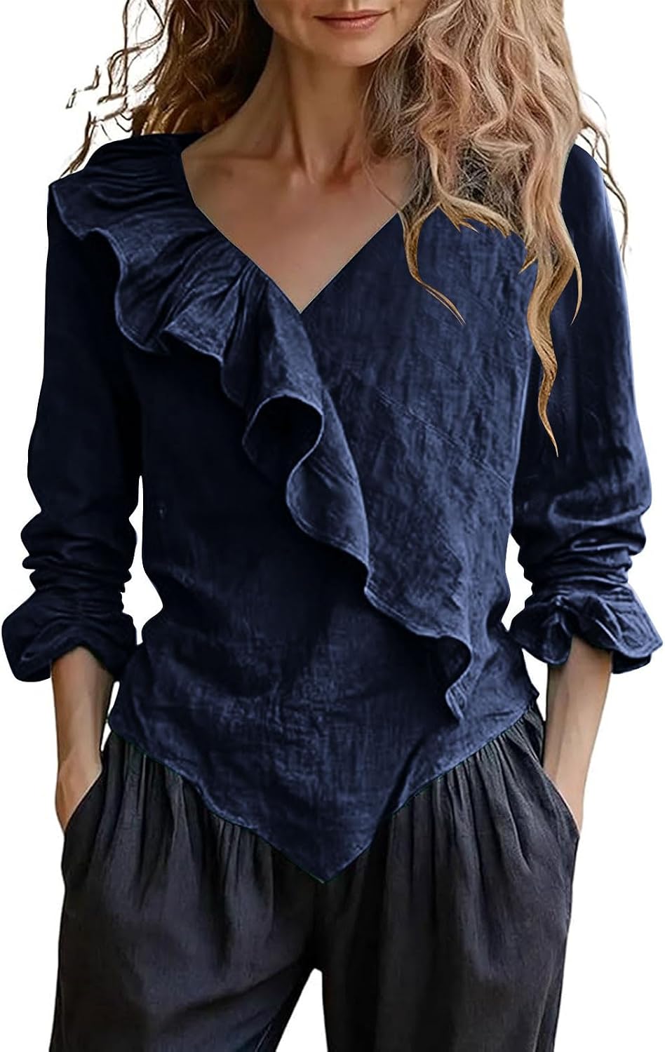 Women's Linen Ruffle Shirts Asymmetric Hem Y2K Long Sleeve Casual Tops Vintage Elegant Lightweight Tunic Blouses