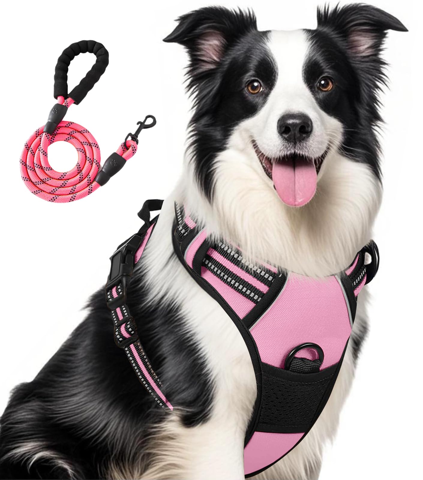 Jomkig Adjustable No Pull Dog Harness with Easy Control Soft Padded Handle for Large Dogs Reflective Breathable Pet Vest Outdoor Walking Training, Pink, Large