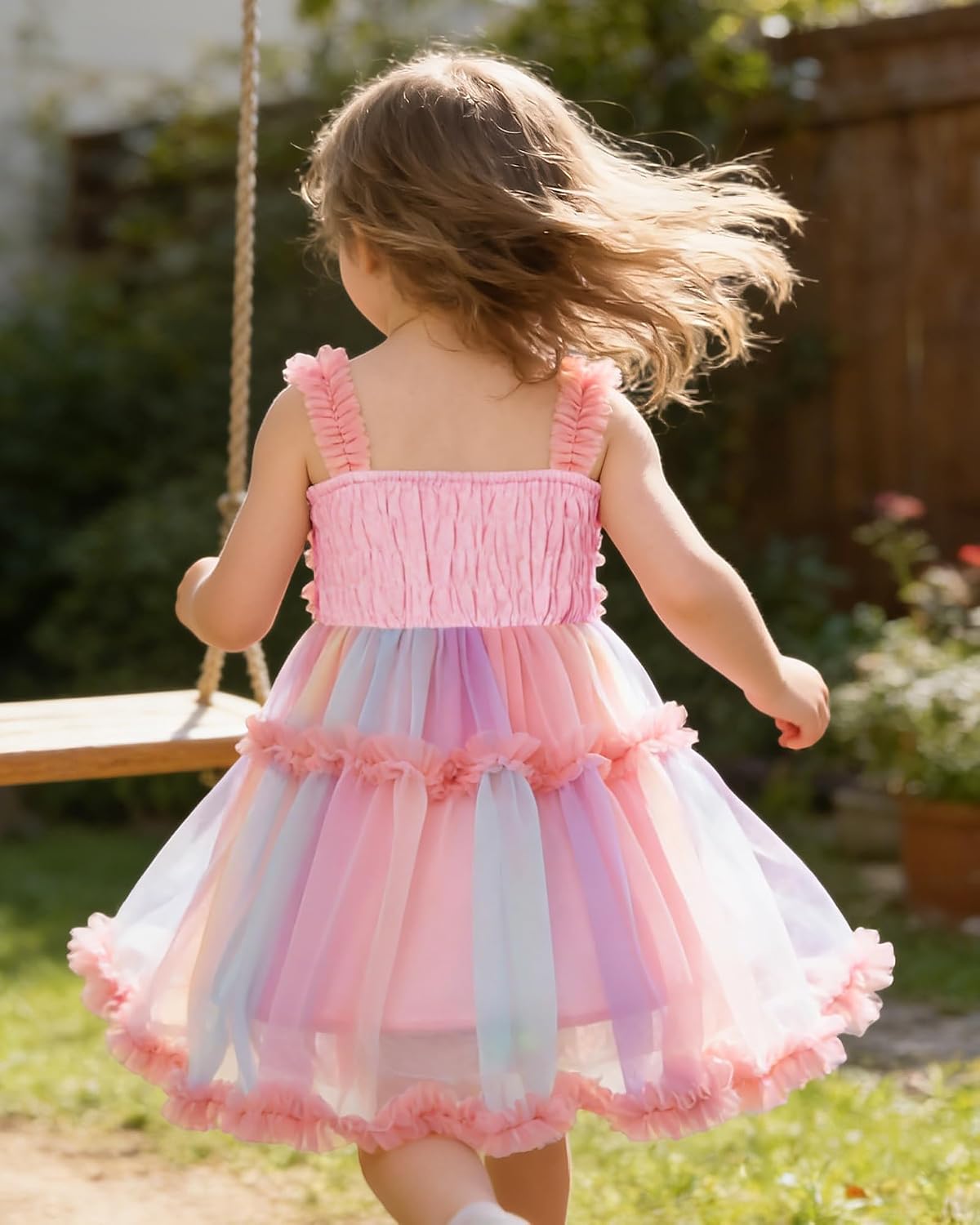 YALLET Girls Dresses Smocked Waist Girl Dress Girls Summer Dress Tutu Tulle Flower Girl Dresses for Wedding Birthday Party