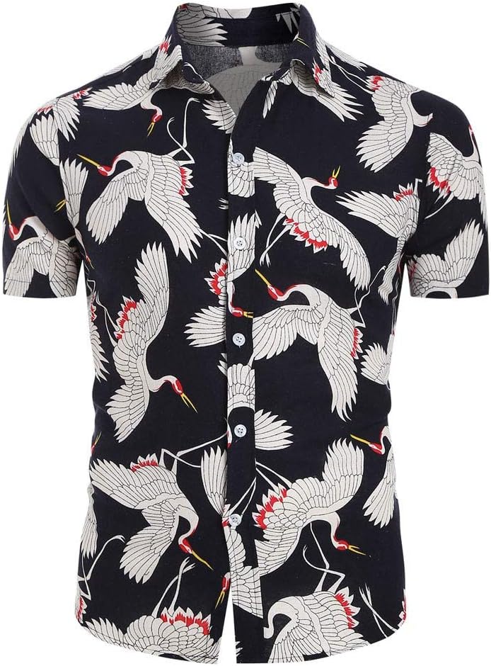 Men Summer Shirt Tops, Male Fashion Printed Button T-shirt Blouse Beach Short Sleeve Top