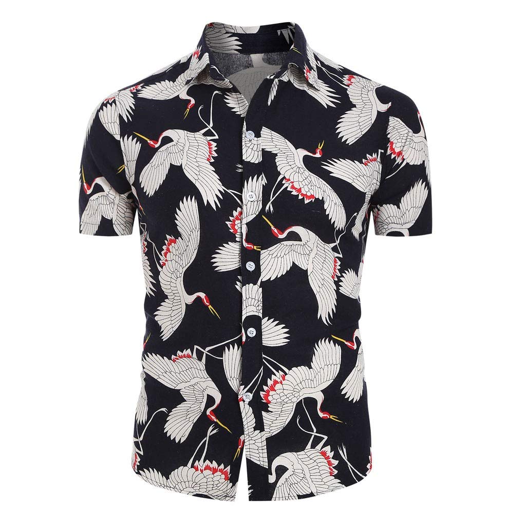 Men Summer Shirt Tops, Male Fashion Printed Button T-shirt Blouse Beach Short Sleeve Top