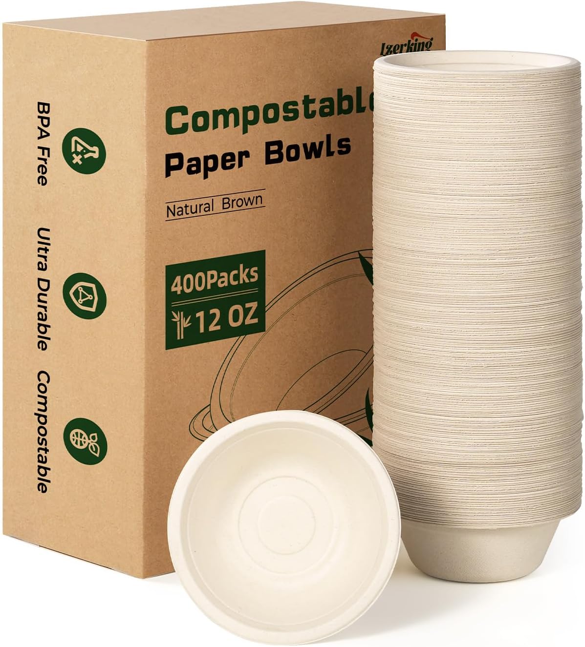 Lzerking 12oz Paper Bowls, 400 Pack - Disposable Compostable Bowls for Parties, Desserts | Microwave & Freezer Safe