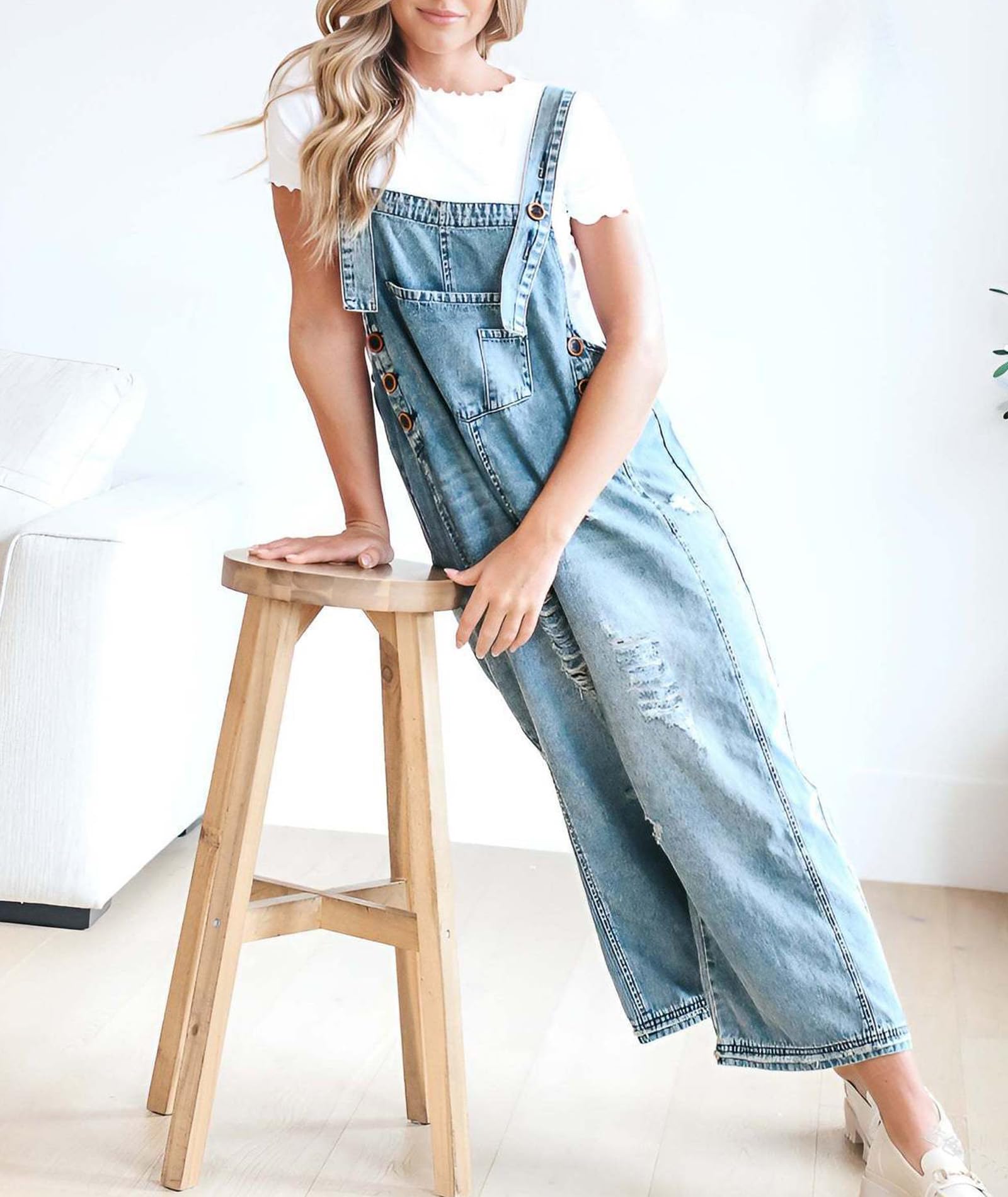 SOMTHRON Salopette ample en jean à bretelles réglables pour femme