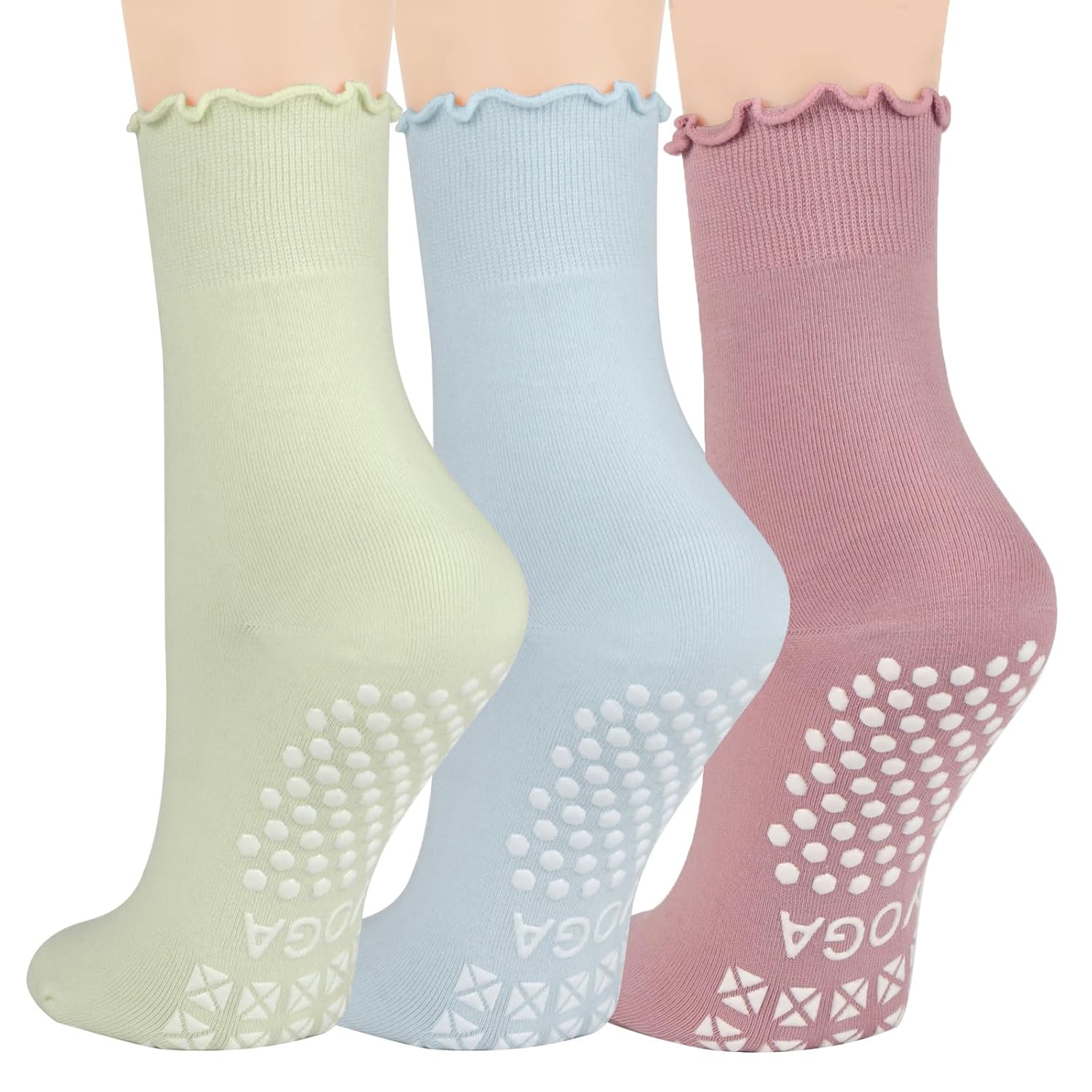 3 Pairs Pilates Socks for Women Non-slip Grips Yoga Socks Ruffle Cuff for Ballet Barefoot Workout Socks