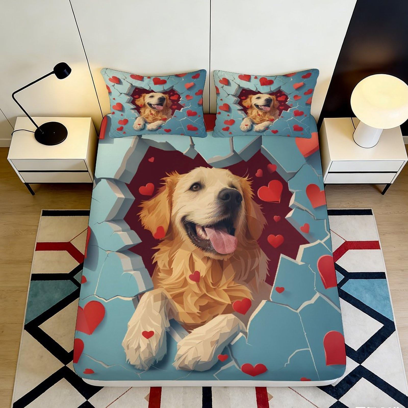 3D Printed Golden Retriever Fitted Sheet Microfiber Dog Paw Heart Bed Cover Non Slip Mattress Decor for Bedroom Guest Room 90x200x25cm