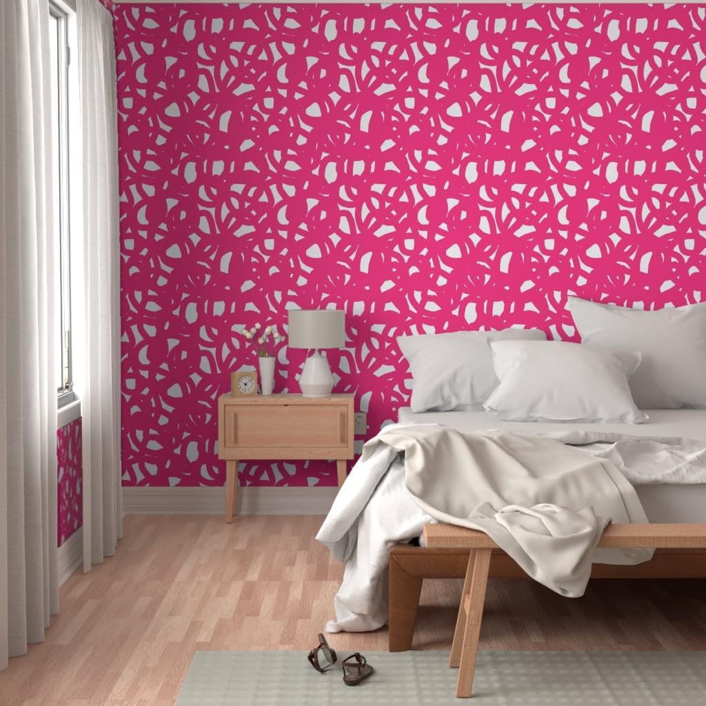 Spoonflower Commercial Grade Wallpaper 27ft x 2ft - Hot Pink Graffiti Swirls Electric Pink Neon Colorful Modern Abstract Traditional Wallpaper