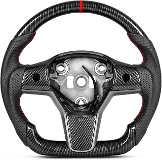 Heated Carbon Fiber Style Steering Wheel with Matching Trims for Tesla Model 3 2017-2023, Model Y 2019-2025, Perforated Leather Flat Bottom, Retains OEM Heating, Includes Full Bezel Kit