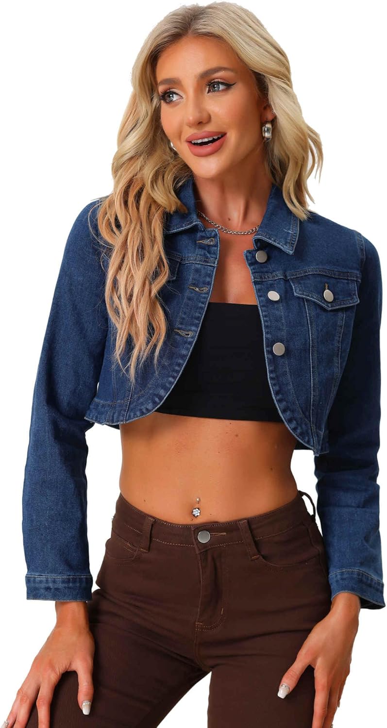 Allegra K Denim Jacket for Women's 2025 Casual Collared Long Sleeve Crop Jean Jackets