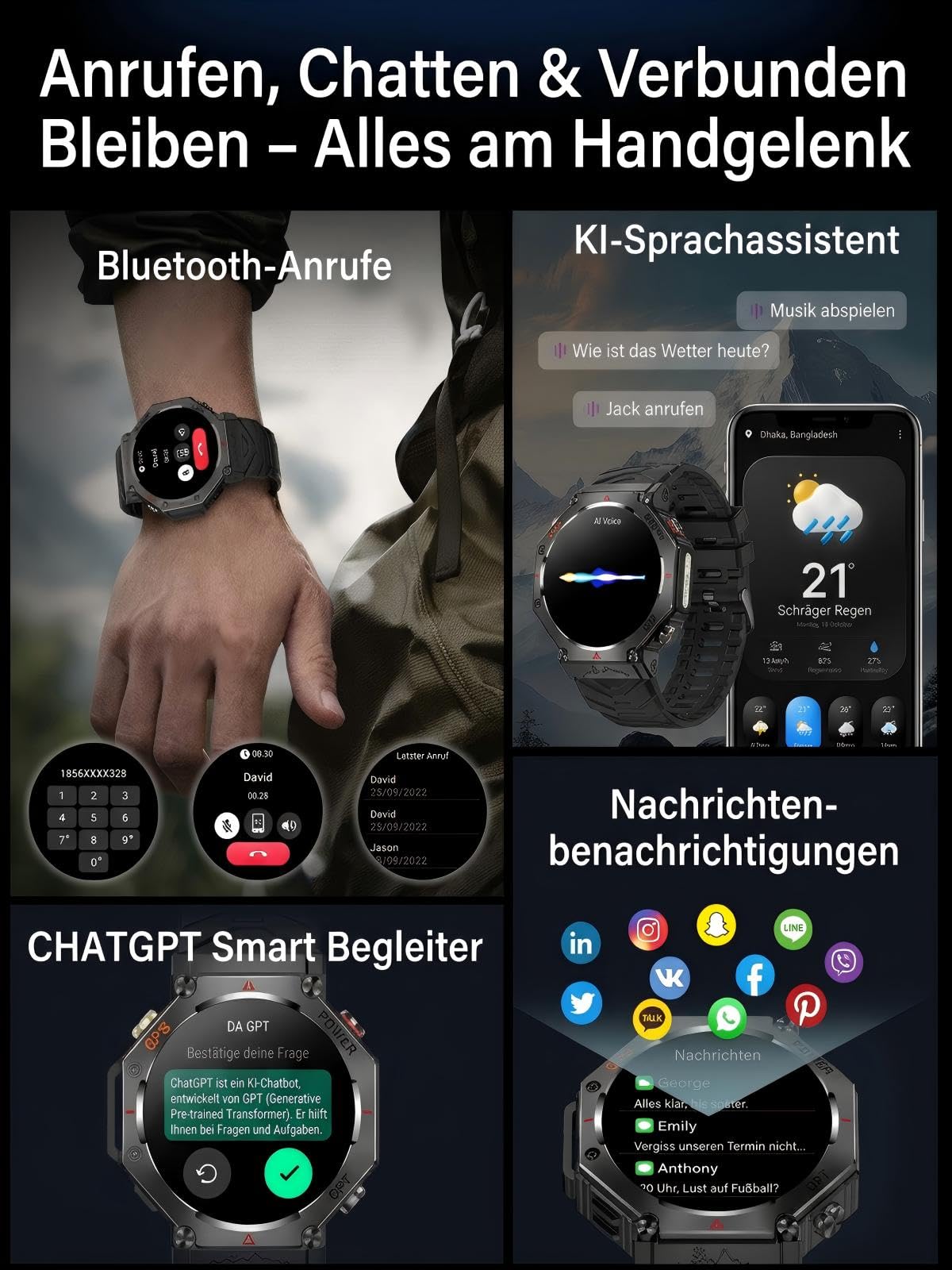 Smartwatch GPS da uomo, orologio sportivo militare 2026 | Orologio fitness da 3,5 cm, per Android e iOS, impermeabile fino a 3 ATM, con funzione telefonica, frequenza cardiaca, sonno