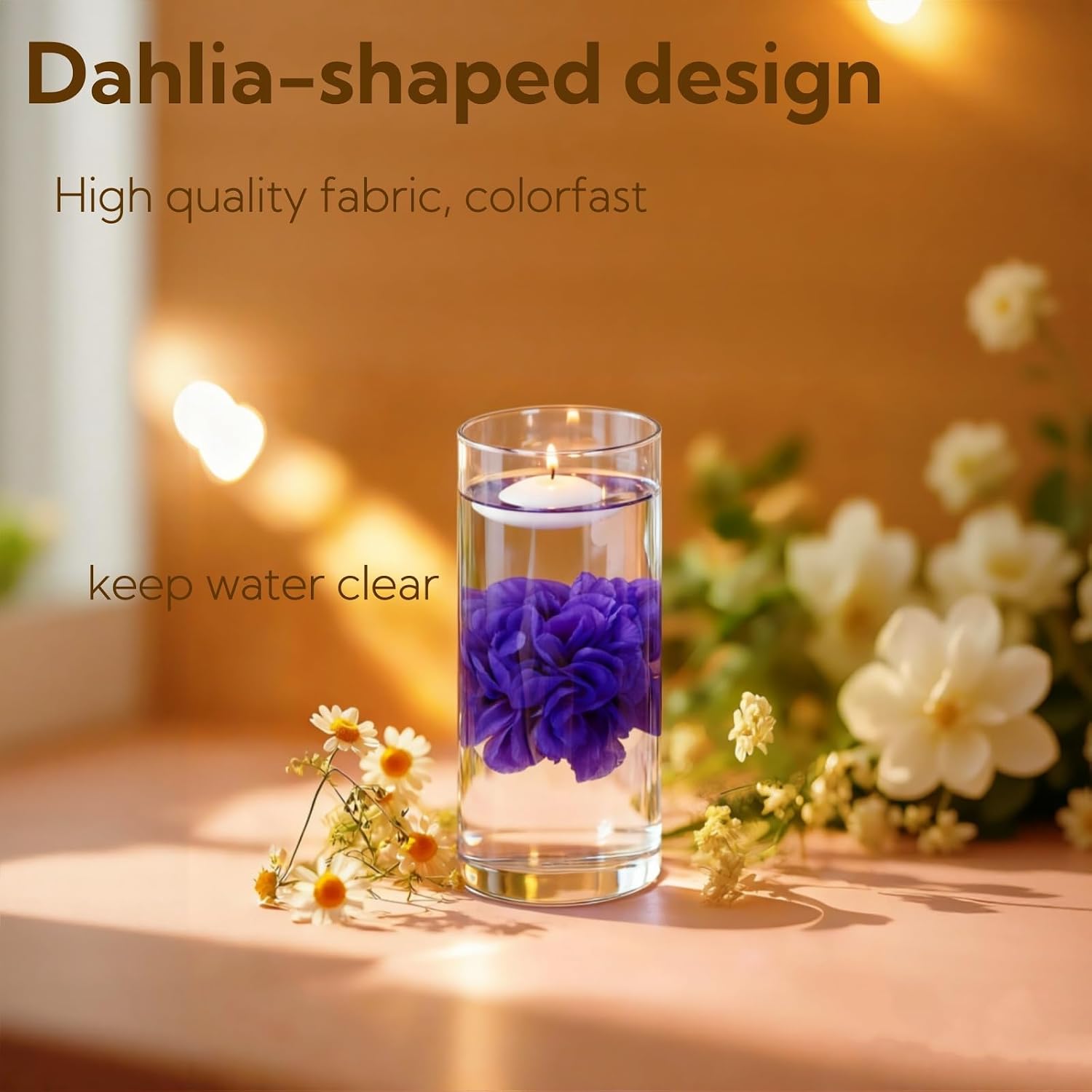 UDU 24 Pcs Floating Candles for Centerpieces and Floating Flowers for Centerpieces Artificial Flower Head for Home Birthday Wedding Party Table Decor Purple