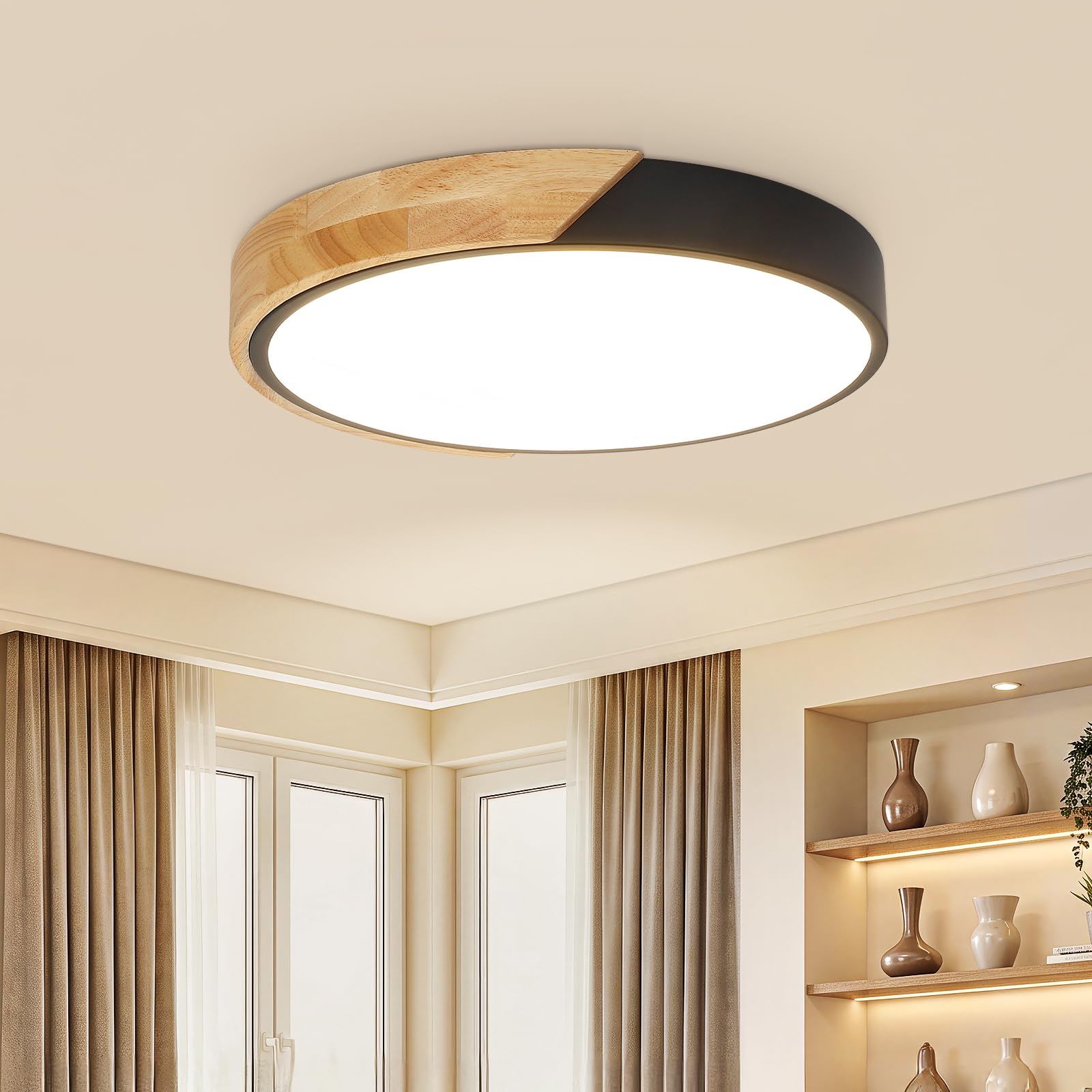 Dehobo Plafoniera LED Soffitto in Legno e Metallo Nero Ø30cm 24W 4500K | Lampada da Soffitto Moderna 2400lm CRI 80+, Plafoniera LED Rotonda per Soggiorno, Camera da Letto, Cucina e Corridoio