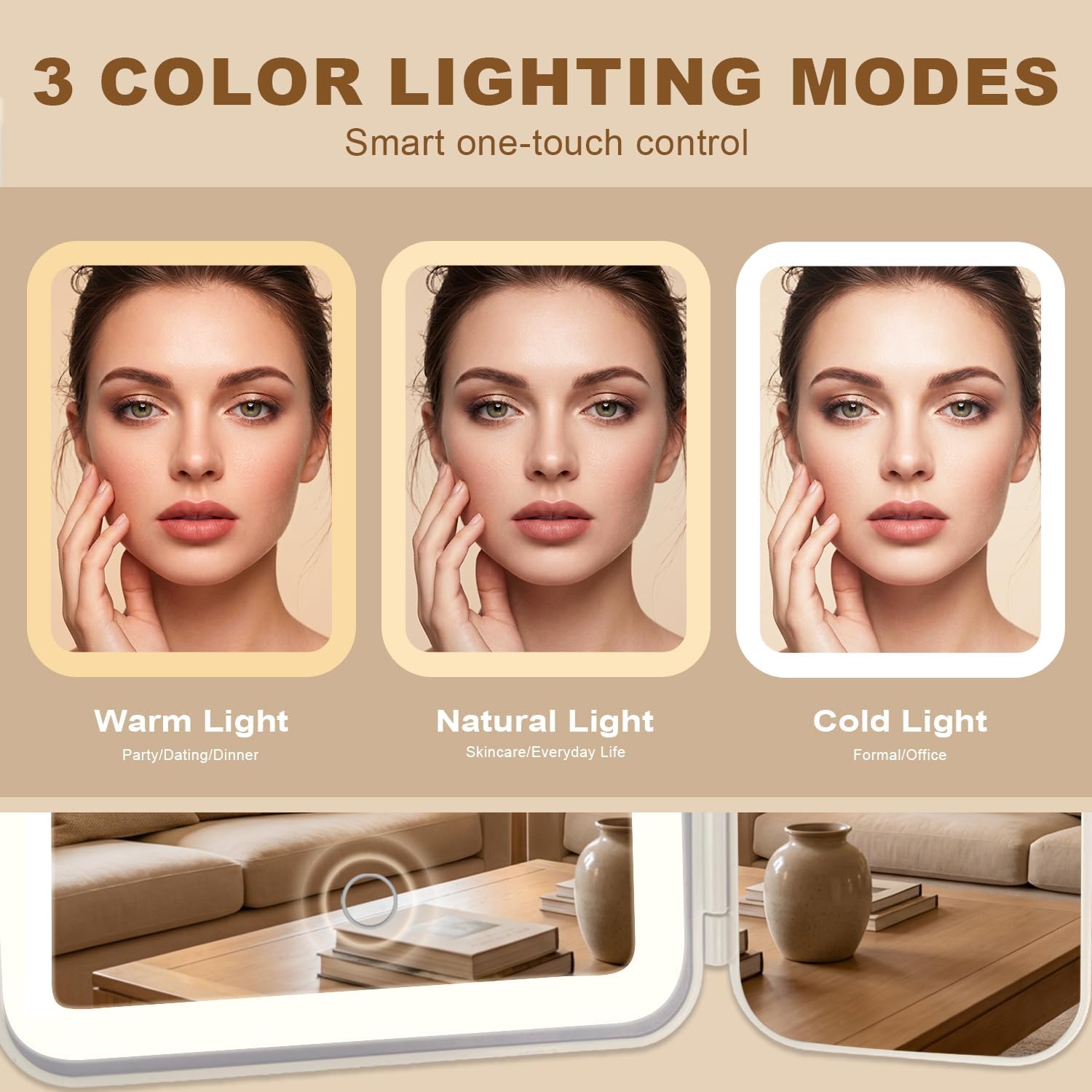 Makeup Mirror with Lights, 3000mAh 3X/2X/1X Magnification Vanity Mirror with Suction&Stand Base, 360° Adjustment Rechargeable Trifold Mirror for Travel/Bedroom/Dorm, Gifts for Women, Girls