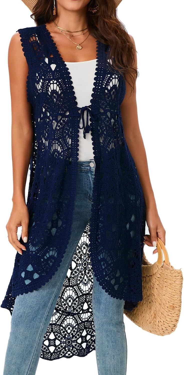 GLEAMISS Women's Crochet Long Vest Sleeveless Lace Cardigan Hollow Out Kimino Cover Up
