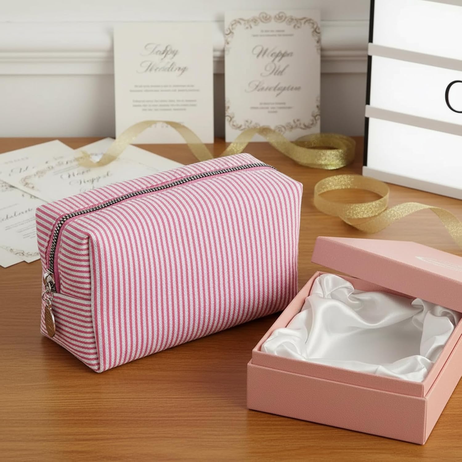 24 PACK Stripe Makeup Bags Bulk-Seersucker Bridesmaid Gifts Makeup Pouch for Wedding Party Favors Bachelorette Party Decorations Toiletry Bag Cosmetic Case Mon Teacher Graduation Gift (Pink Stripe)