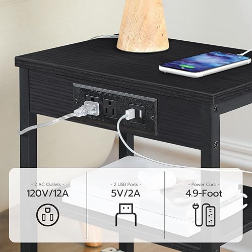 Miniatura 36 de HOOBRO Mesa auxiliar con estación de carga y puertos USB, mesita de noche de 3 niveles con estantes ajustables, mesa auxiliar pequeña para espacio