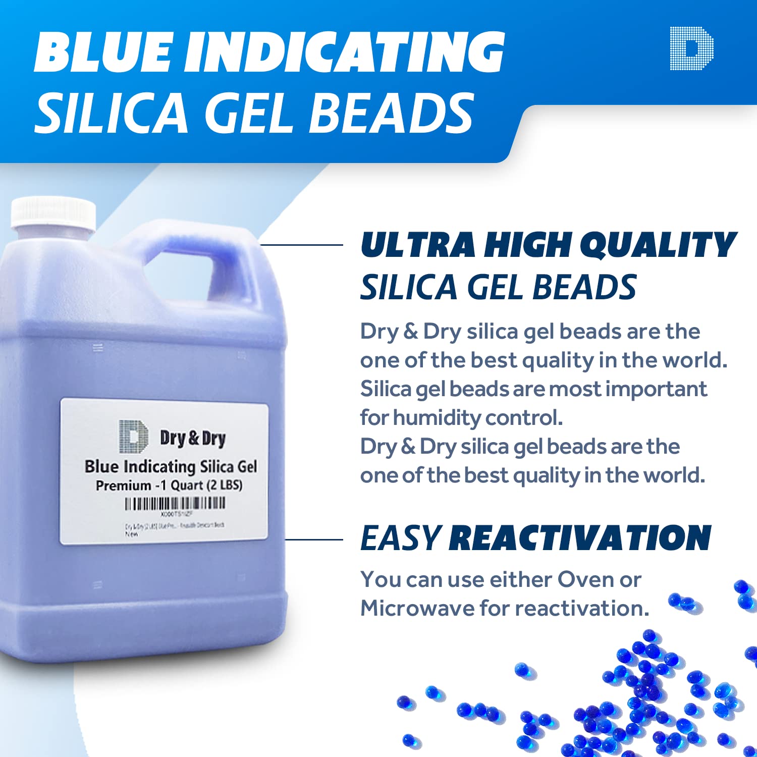Dry & Dry [2 LBS] Blue Premium Indicating Silica Gel Beads(Industry Standard 2-4 mm) - Reusable Desiccant Beads Silica Gel Desiccant: Industrial & Scientific