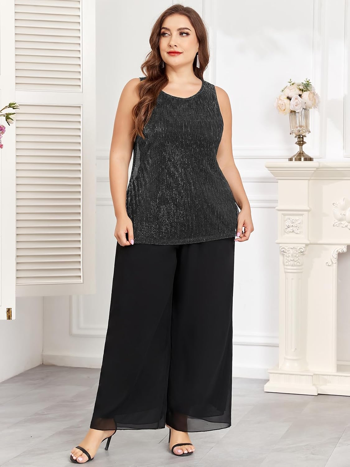 Plus Size 3 Piece Formal Pantsuit Mother of The Bride Groom Sets with Chiffon Jacket Sparkly Wedding Cocktail Outfits