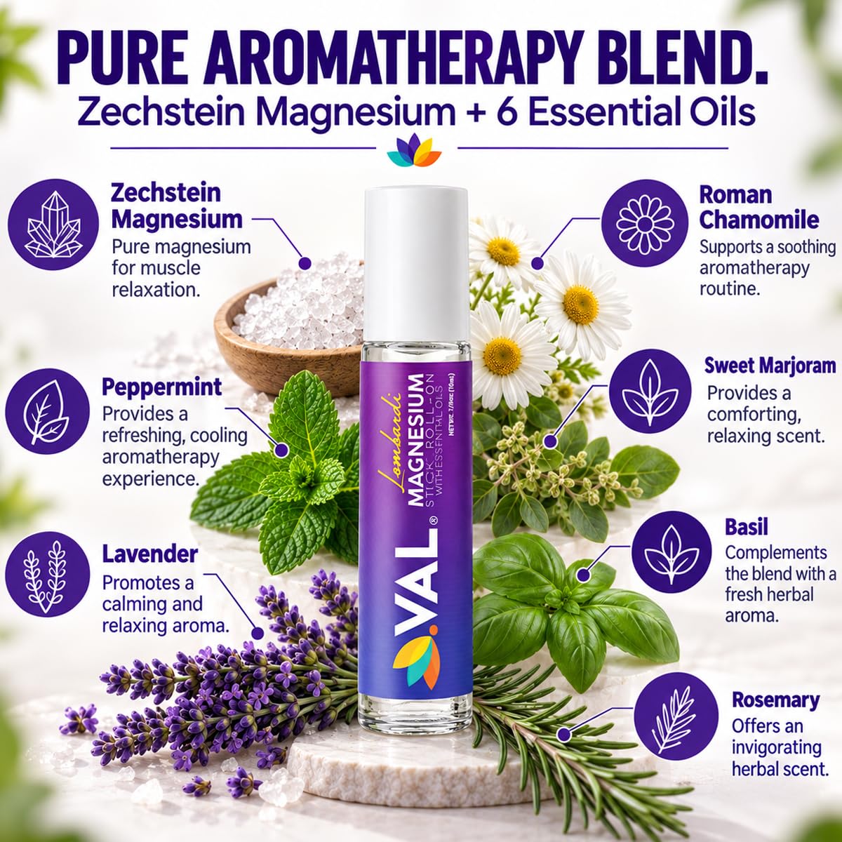VAL Lombardi Magnesium Stick Rollon with Peppermint & Other Essential Oils - Cooling Comfort for Your Head. Metal Roller. Made in the USA. 10 ml. — Amazon image 3