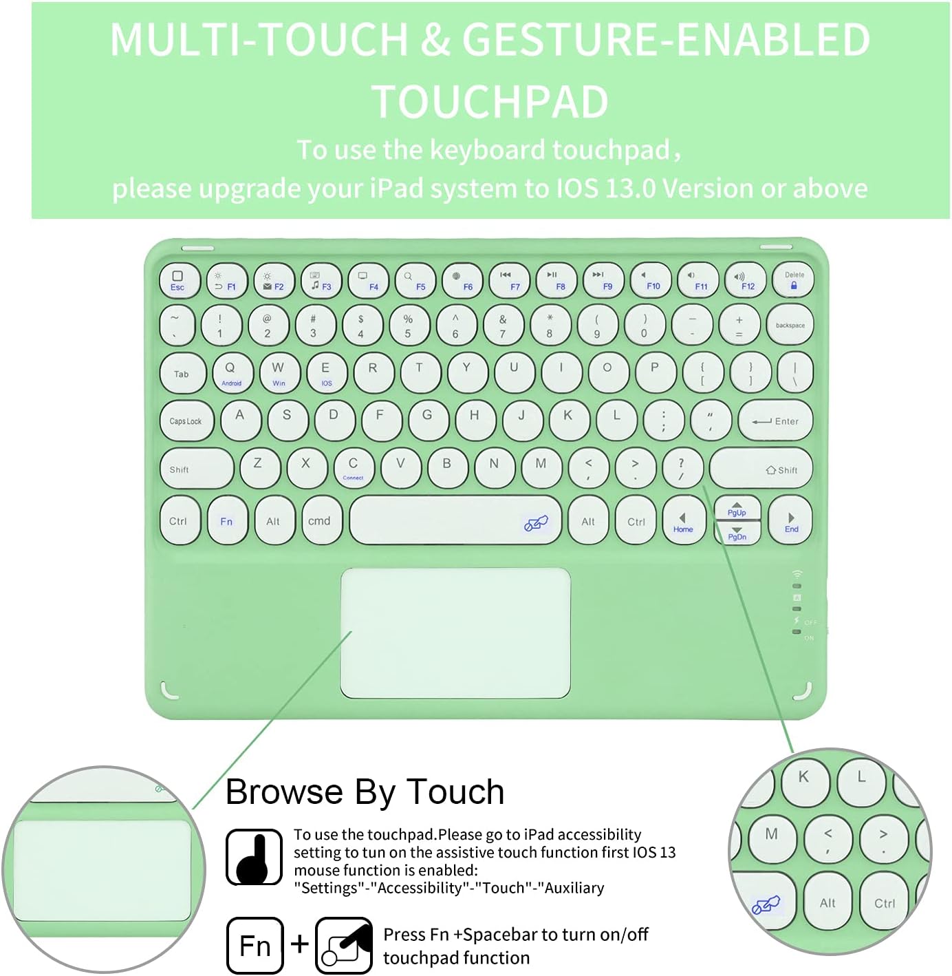 YMXuan Touchpad Keyboard Case for iPad 9.7-inch (6th Gen 2018 /5th Gen 2017)-iPad Pro 9.7 inch-iPad Air 2,Protective Cover,Detachable Wireless Keyboard with Trackpad,Bulit-in Pencil Holder (Green) - Image 4