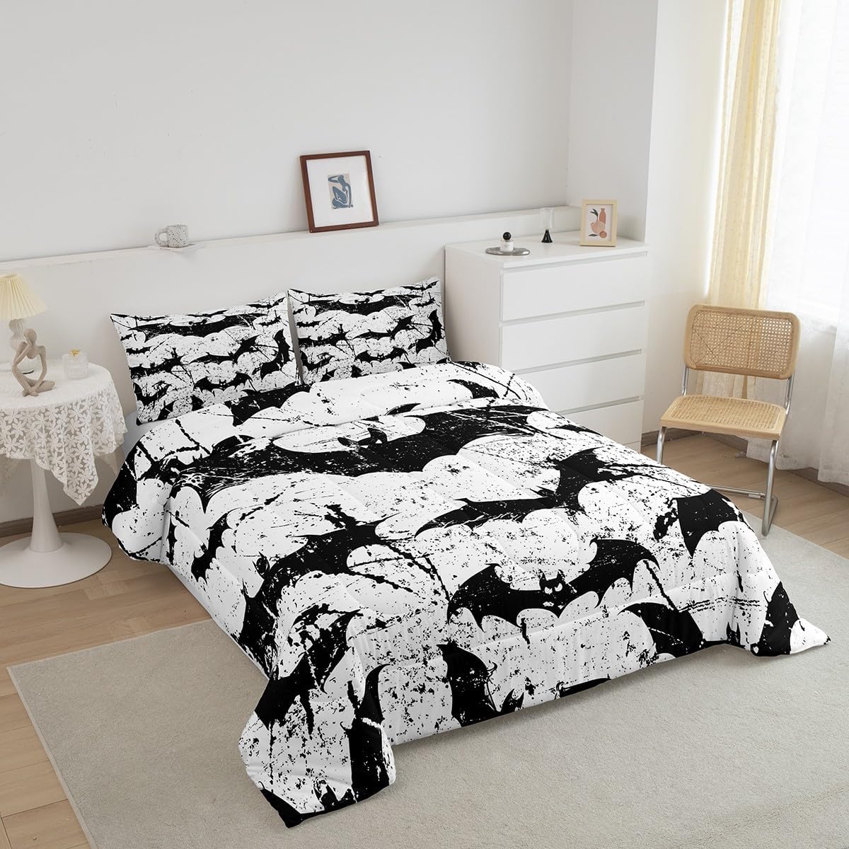 Homewish Black Bat Comforter Set Twin,Halloween Themed Bedding Set for Kids Teens Boys Girls Room Decor,Gothic Animals Quilt Set Horror Graffiti Duvet Insert 2pcs with 1 Pillowcase